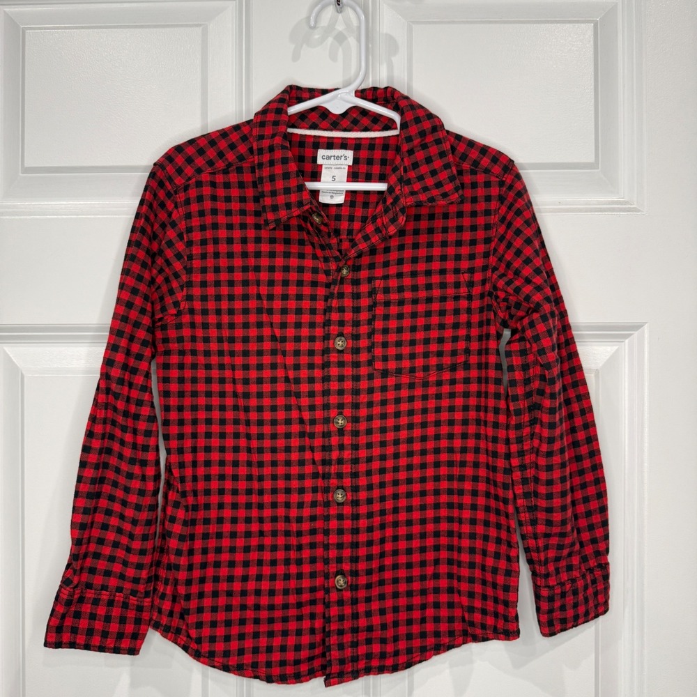 Carters Boys Red Black Buffalo Plaid Button Down Flannel Shirt Size 5‎